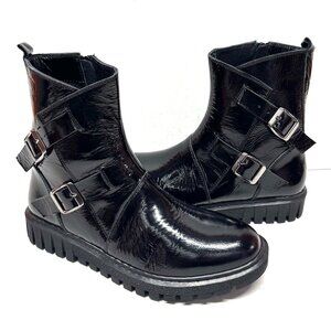 MIZ MOOZ PATENT LEATHER BOOTIE SIDE ZIP / BUCKLE BLACK 37EU / 7US # Z-200